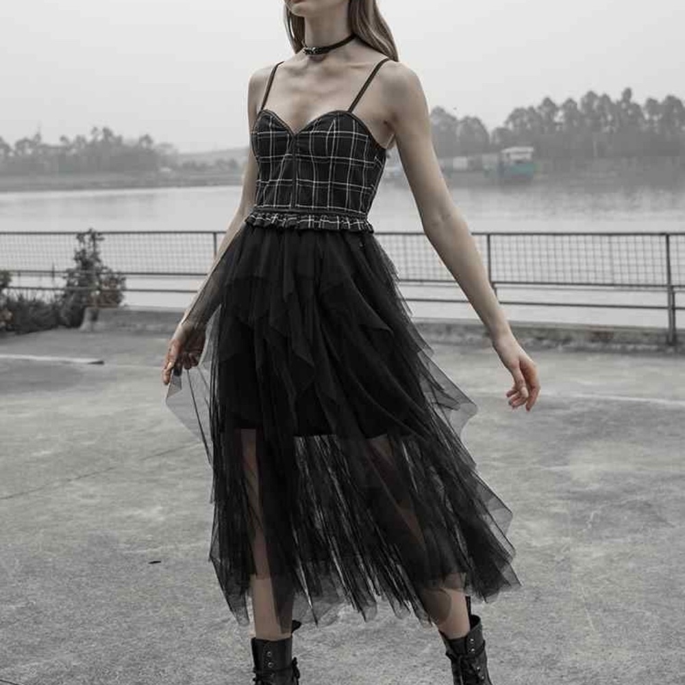 PunkRave Retro Goth Irregular Multilayer Mesh Slip